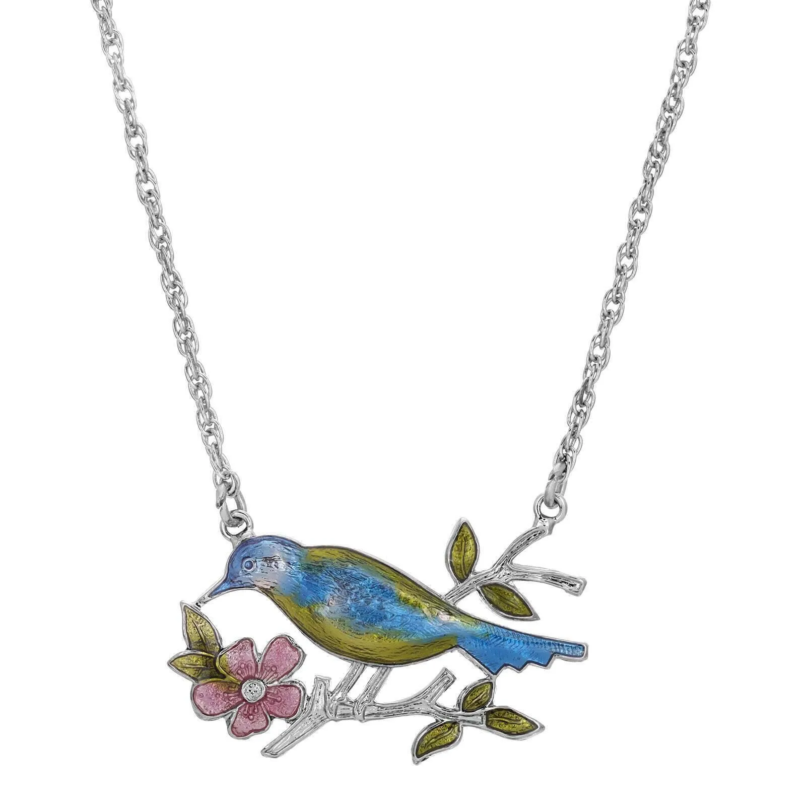1928 Jewelry Enameled Perched Bird Pendant Necklace 18" 1928 Jewelry