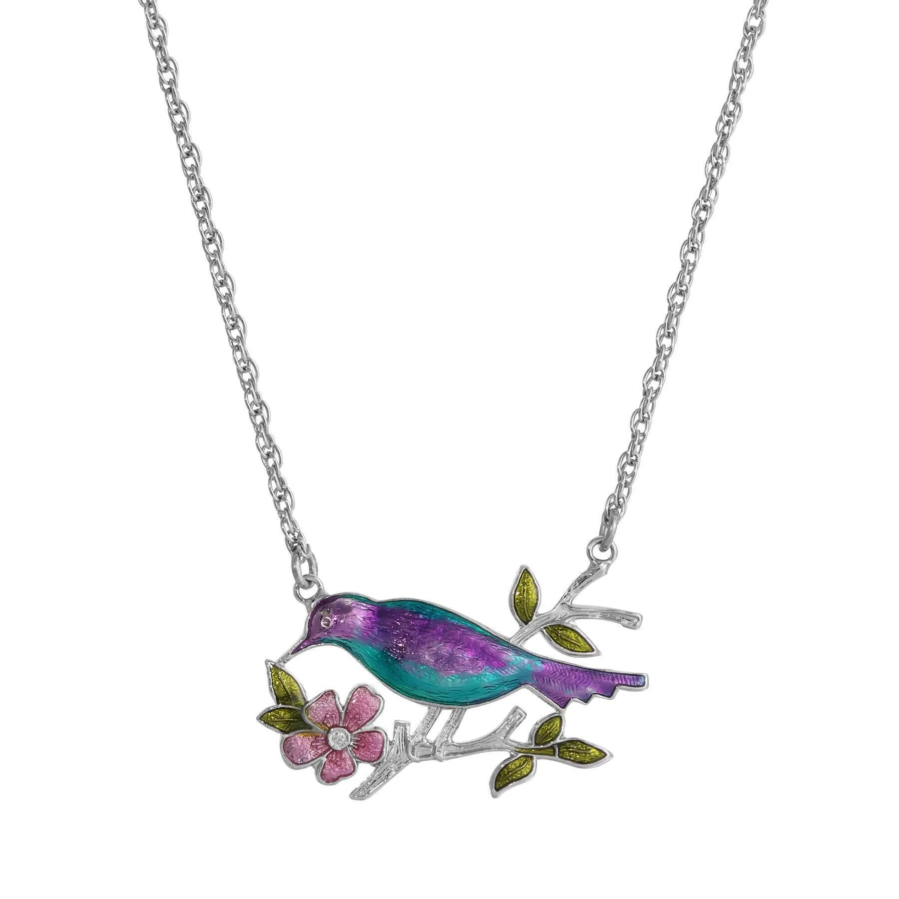 1928 Jewelry Enameled Perched Bird Pendant Necklace 18" 1928 Jewelry