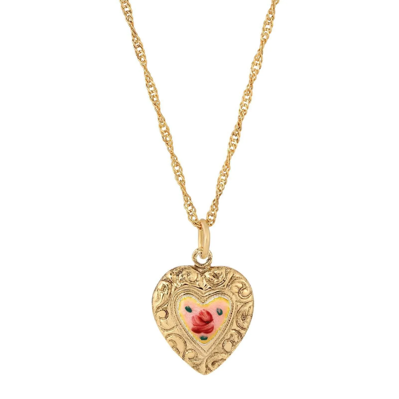 1928 Jewelry Enchanting Bloom Pink Flower Heart Pendant Necklace 17" 1928 Jewelry