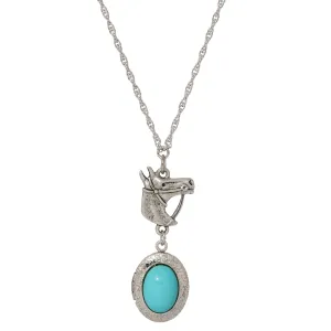 1928 Jewelry Equestrian Charm Horsehead Pendant & Turquoise Stone Locket Necklace 24" 1928 Jewelry
