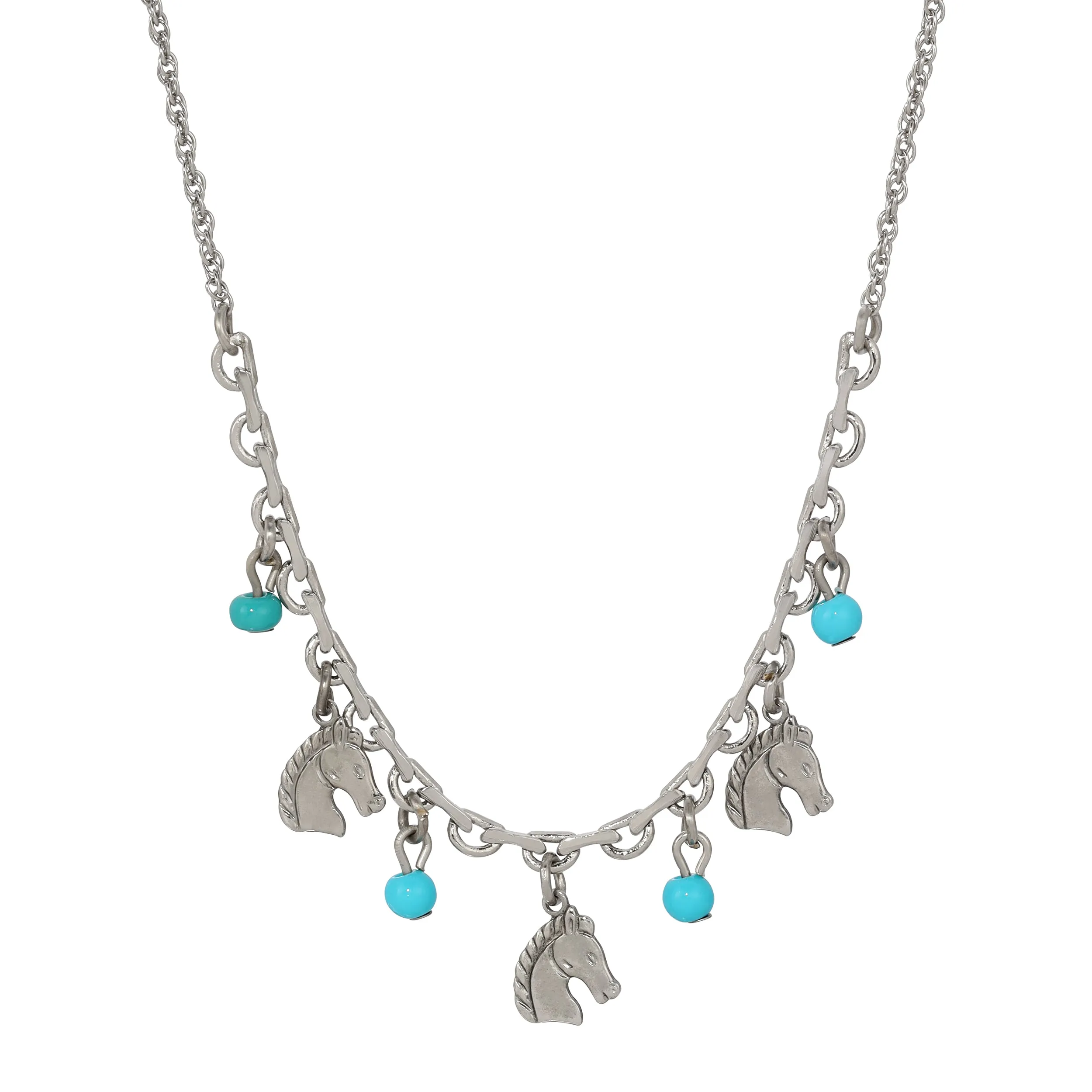 1928 Jewelry Equestrian Charms & Turquoise Beads Necklace 16"   3" Extension 1928 Jewelry