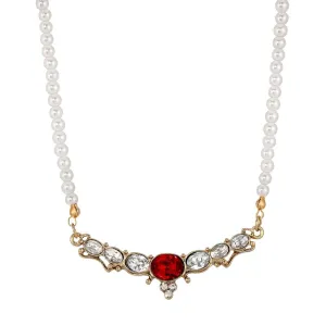1928 Jewelry Estate 4mm Faux Pearl Strand Clear & Red Crystal Collar Necklace 16"   3" Extender 1928 Jewelry