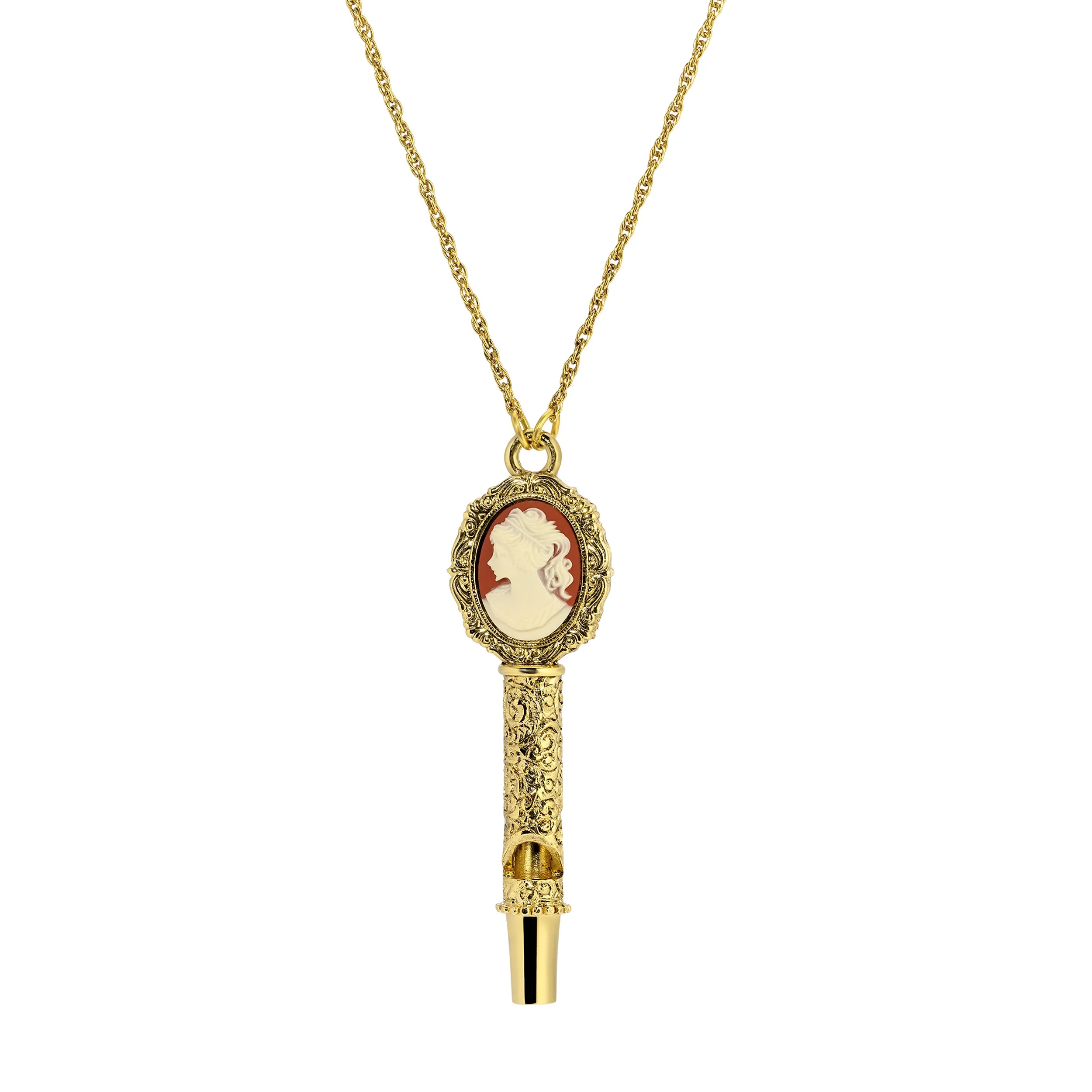 1928 Jewelry Etched Filigree Whistle Pendant Cameo Necklace 28" 1928 Jewelry