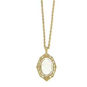 1928 Jewelry Etched Glass Flower Intaglio Pendant Necklace 18" 1928 Jewelry