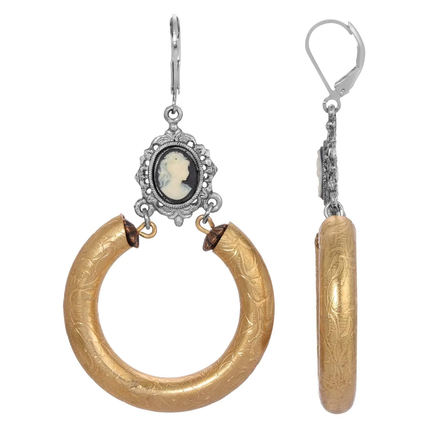 1928 Jewelry Etched Vine Hoop Black & Ivory Cameo Earrings 1928 Jewelry