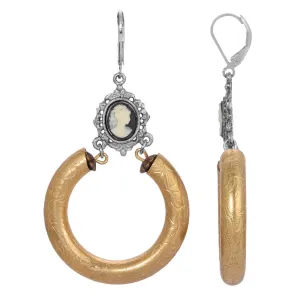 1928 Jewelry Etched Vine Hoop Black & Ivory Cameo Earrings 1928 Jewelry