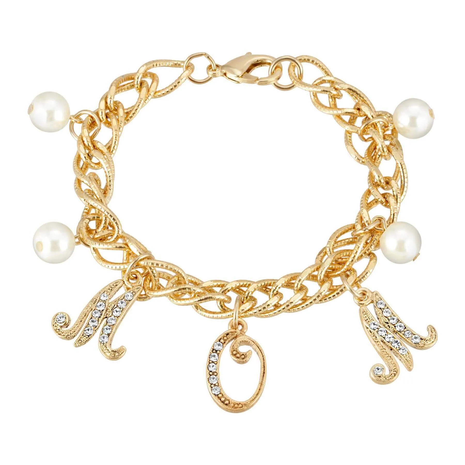 1928 Jewelry Euro Crystal Mom Charm Faux Pearl Textured Chain Bracelet 1928 Jewelry