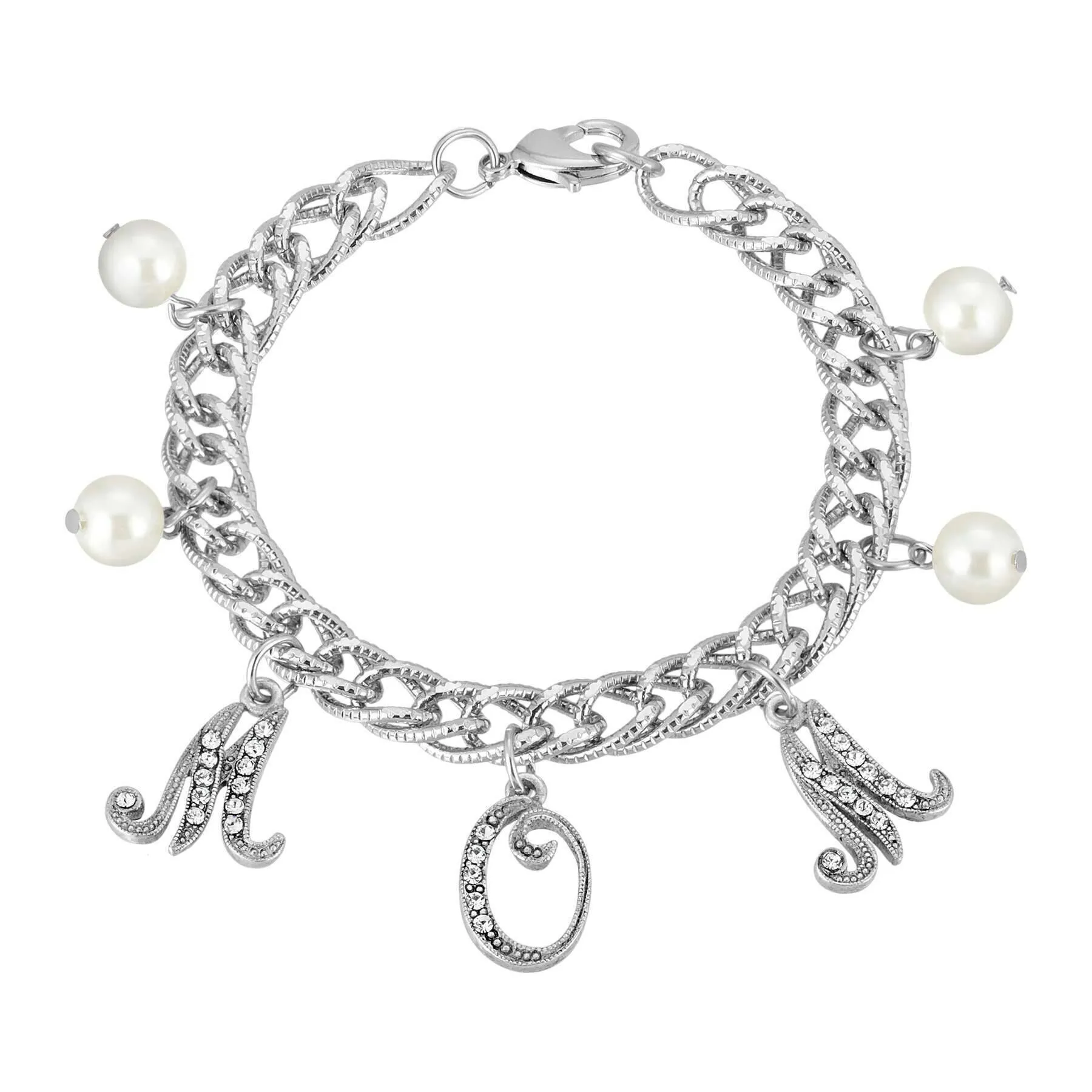 1928 Jewelry Euro Crystal Mom Charm Faux Pearl Textured Chain Bracelet 1928 Jewelry