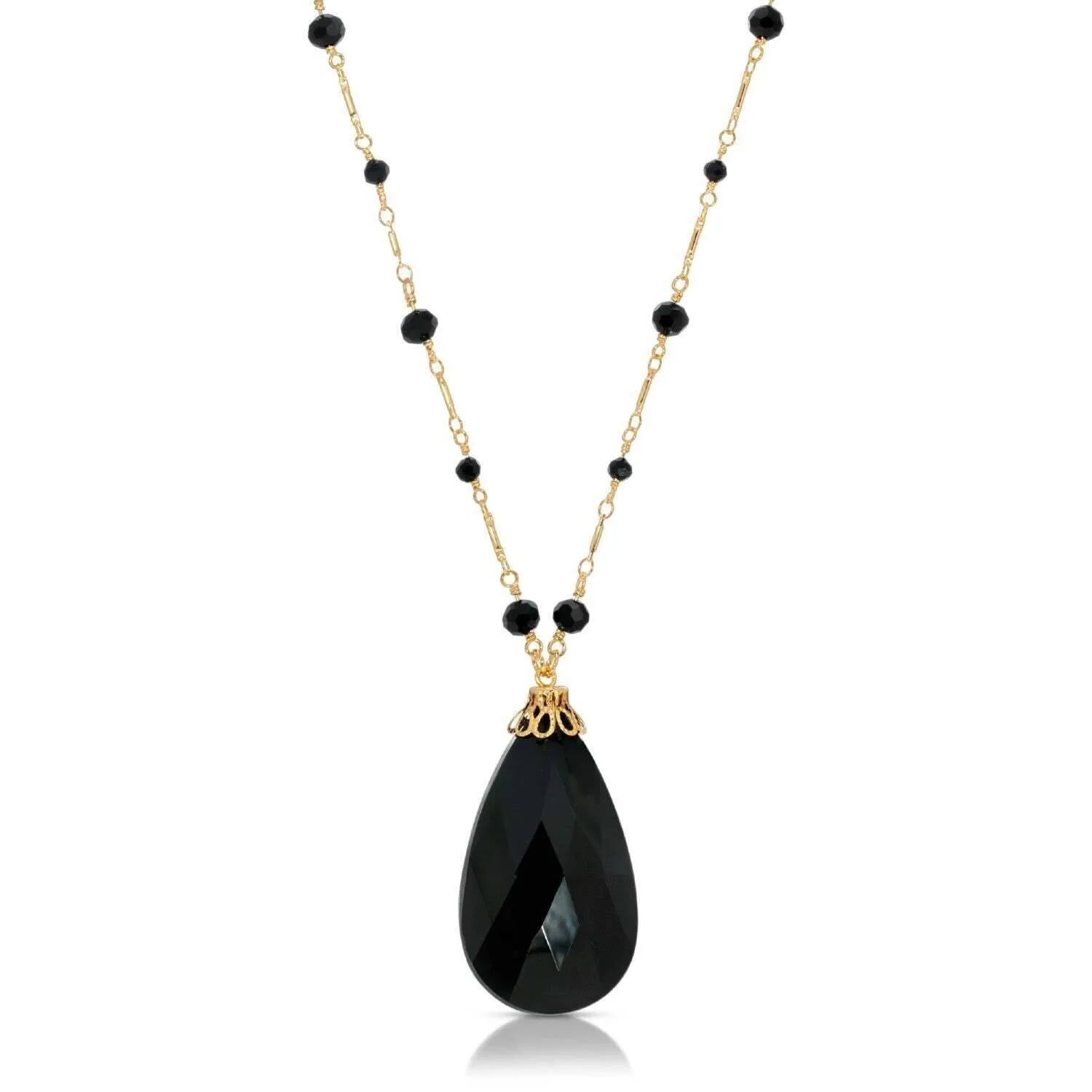 1928 Jewelry Faceted Jet Black Glass Briolette Pendant & Beaded Necklace 30" 1928 Jewelry