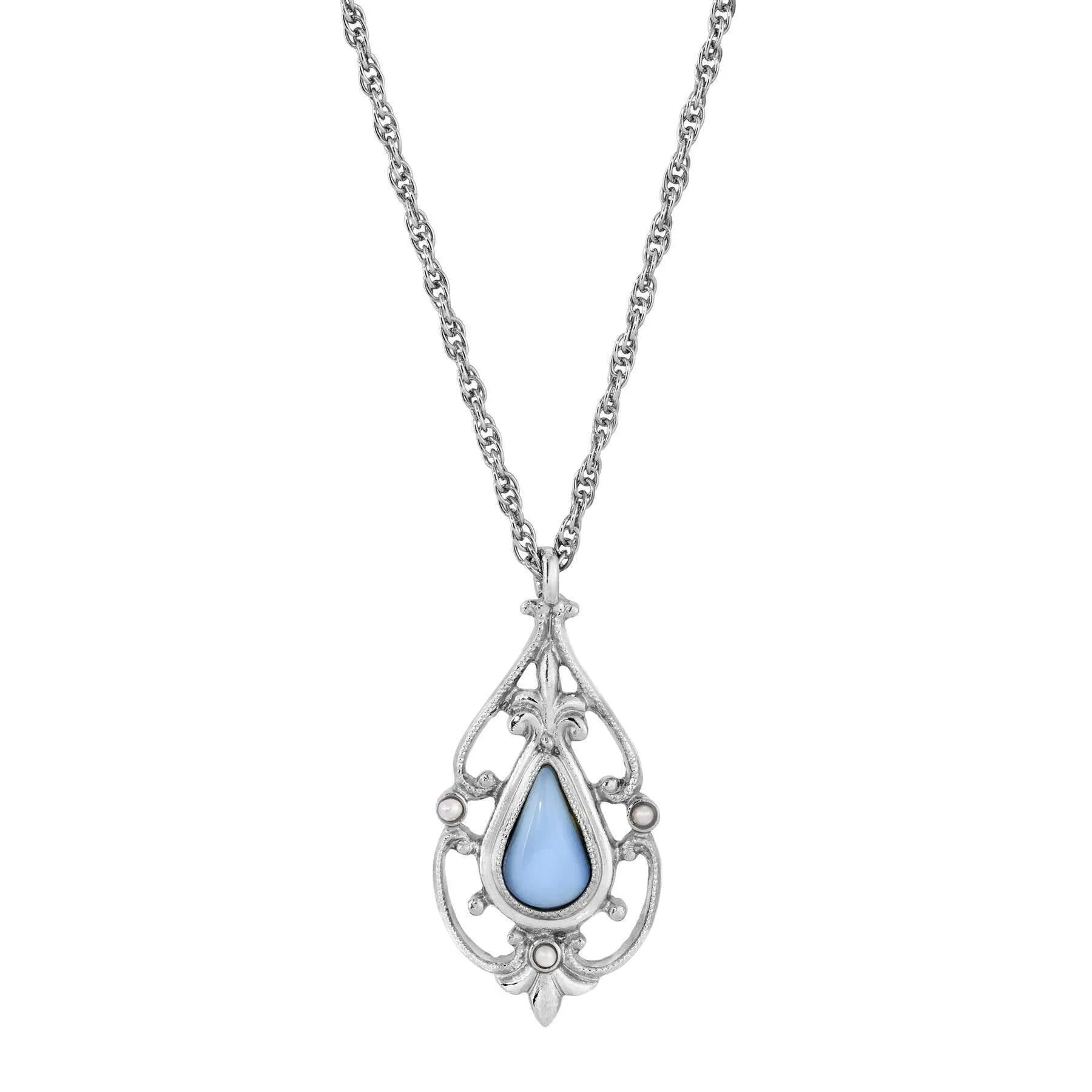 1928 Jewelry Faux Blue Moonstone Teardrop Fleur De Lis Pendant Necklace 16"   3 " Extender 1928 Jewelry