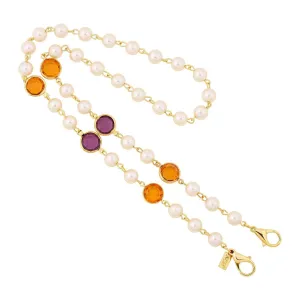 1928 Jewelry Faux Pearl & Round Topaz & Amethyst Austrian Crystal Face Mask Chain Holder 22 Inch 1928 Jewelry