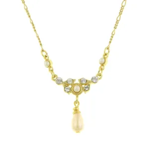1928 Jewelry Faux Pearl And Crystal Teardrop Necklace 16"   3" Extender 1928 Jewelry