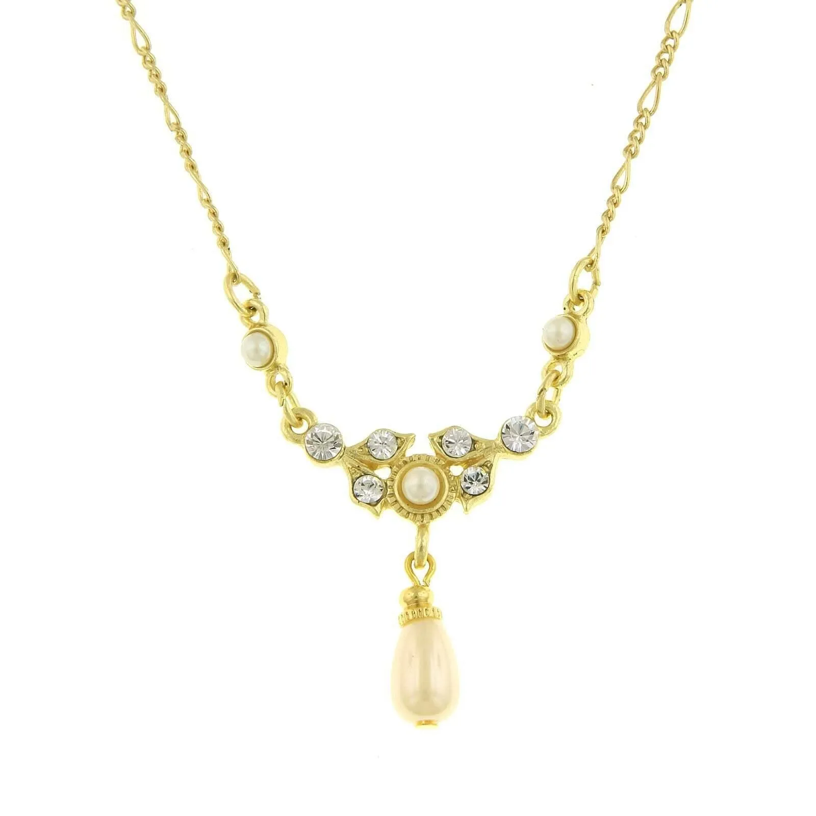 1928 Jewelry Faux Pearl And Crystal Teardrop Necklace 16"   3" Extender 1928 Jewelry