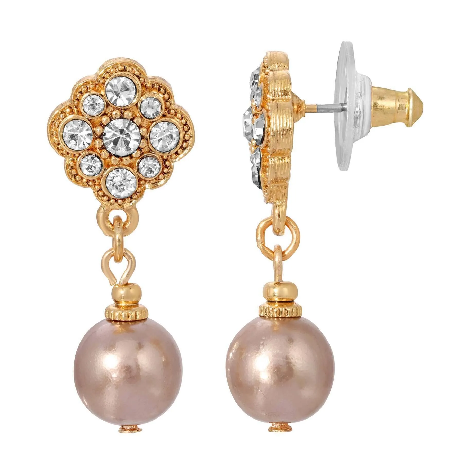 1928 Jewelry Faux Pearl and Floral Crystal Post Earrings 1928 Jewelry