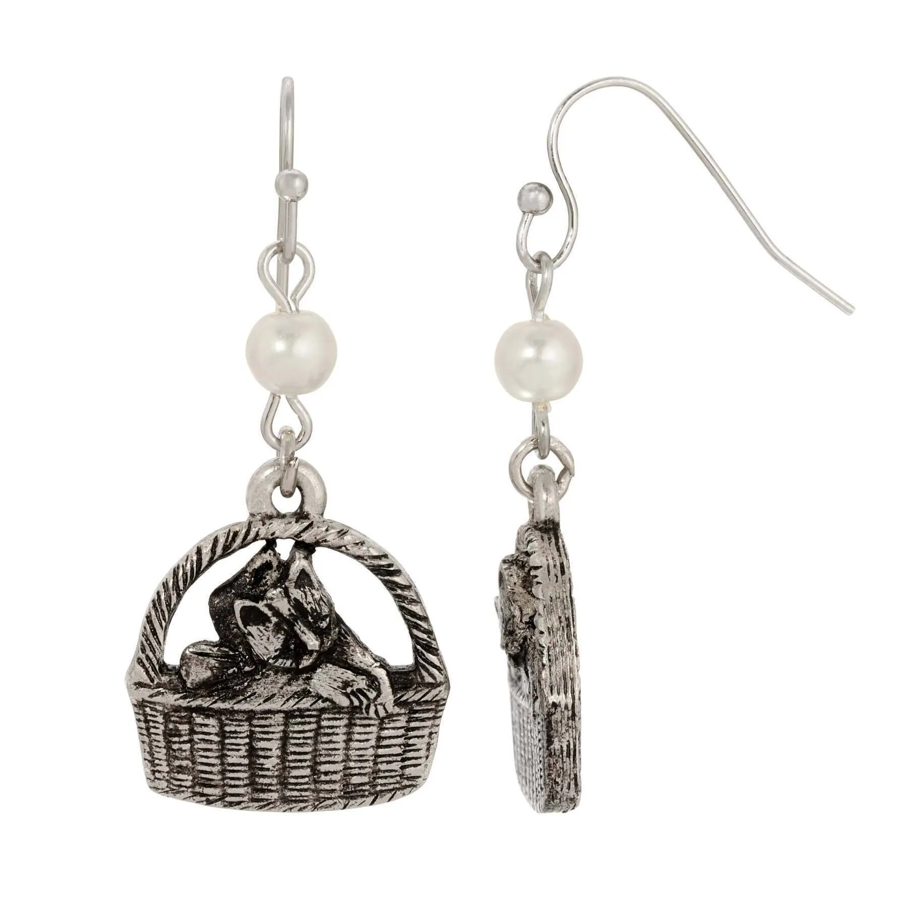 1928 Jewelry Faux Pearl Cat In Handbasket Dangling Earrings 1928 Jewelry