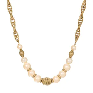 1928 Jewelry Faux Pearl Corrugated & Swirl Bead Link Chain Necklace 16"   3" Extension 1928 Jewelry