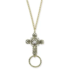 1928 Jewelry Faux Pearl Cross Badge & Eyeglass Holder Chain Necklace 28" 1928 Jewelry