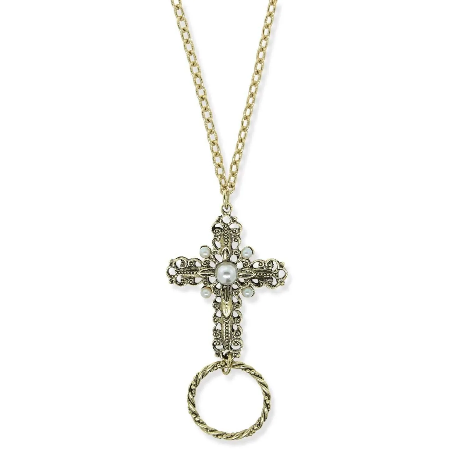 1928 Jewelry Faux Pearl Cross Badge & Eyeglass Holder Chain Necklace 28" 1928 Jewelry