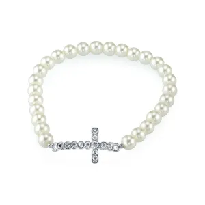 1928 Jewelry Faux Pearl Crystal Cross Stretch Bracelet 1928 Jewelry