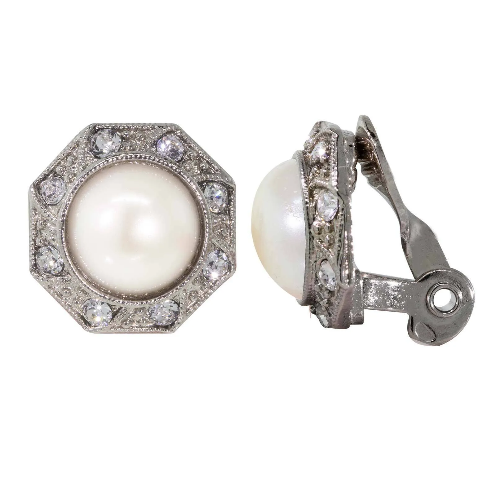 1928 Jewelry Faux Pearl Crystal Round Button Clip On Earrings 1928 Jewelry
