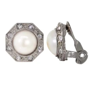 1928 Jewelry Faux Pearl Crystal Round Button Clip On Earrings 1928 Jewelry