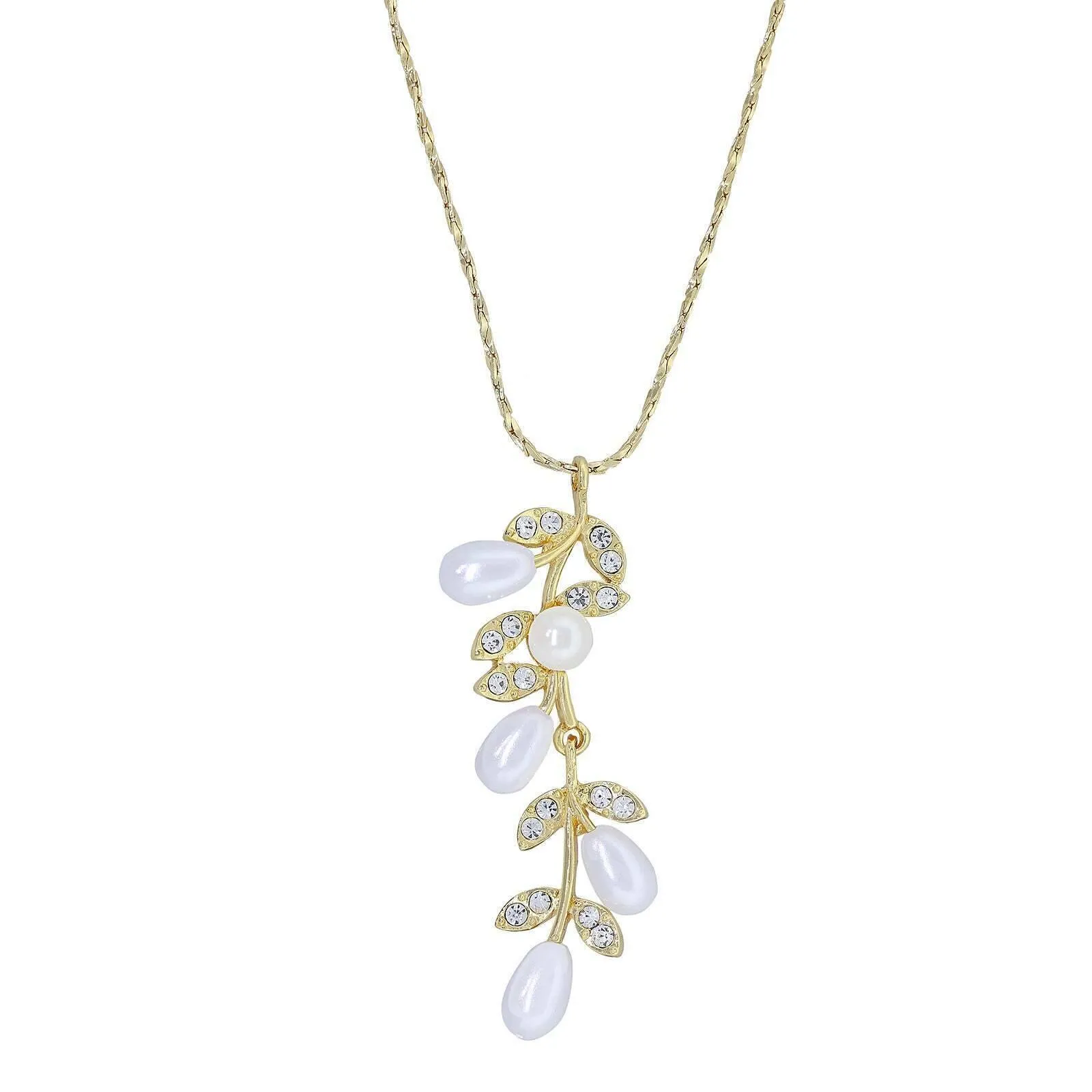 1928 Jewelry Faux Pearl Drop Crystal Leaves Pendant Necklace 18" 1928 Jewelry