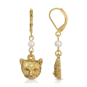1928 Jewelry Faux Pearl Gold Cat Dangling Earrings 1928 Jewelry