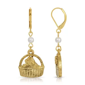 1928 Jewelry Faux Pearl Gold Cat In Handbasket Dangling Earrings 1928 Jewelry