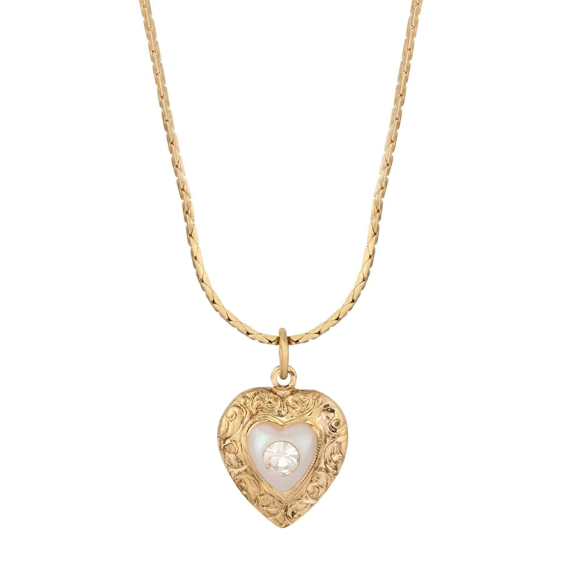 1928 Jewelry Faux Pearl Heart & Crystal Pendant Necklace 15"   3" Extender 1928 Jewelry