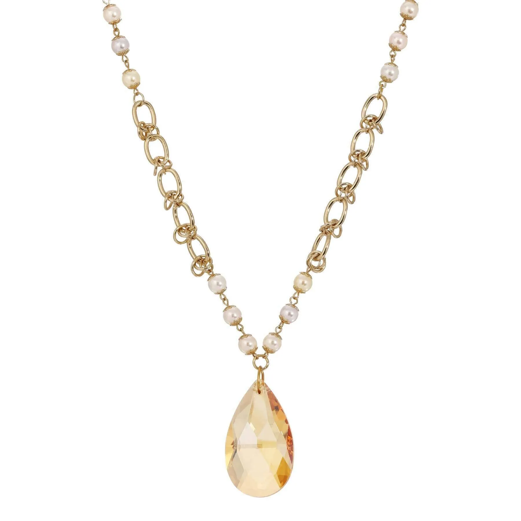 1928 Jewelry Faux Pearl Link Chain Briolette Crystal Pendant Necklace 28" 1928 Jewelry