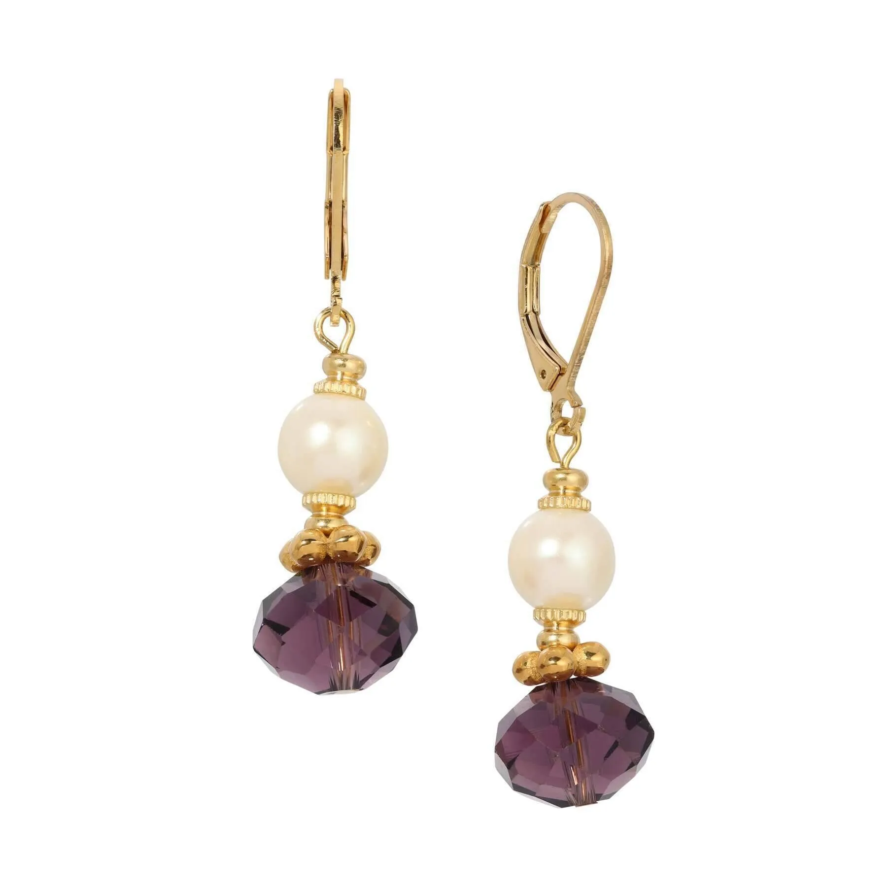 1928 Jewelry Faux Pearl Luster & Amethyst Crystal Dangling Earrings 1928 Jewelry