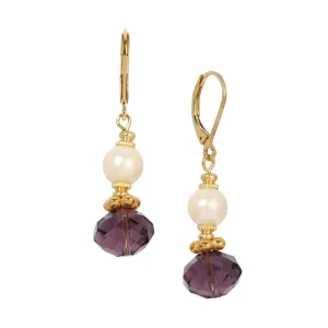 1928 Jewelry Faux Pearl Luster & Amethyst Crystal Dangling Earrings 1928 Jewelry