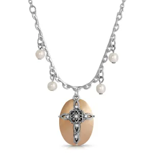 1928 Jewelry Faux Pearl Oval Disk Cross & Crystal Pendant Necklace 16" 1928 Jewelry
