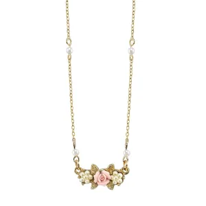 1928 Jewelry Faux Pearl Pink Porcelain Rose Pendant Necklace 16"   3" Extender 1928 Jewelry