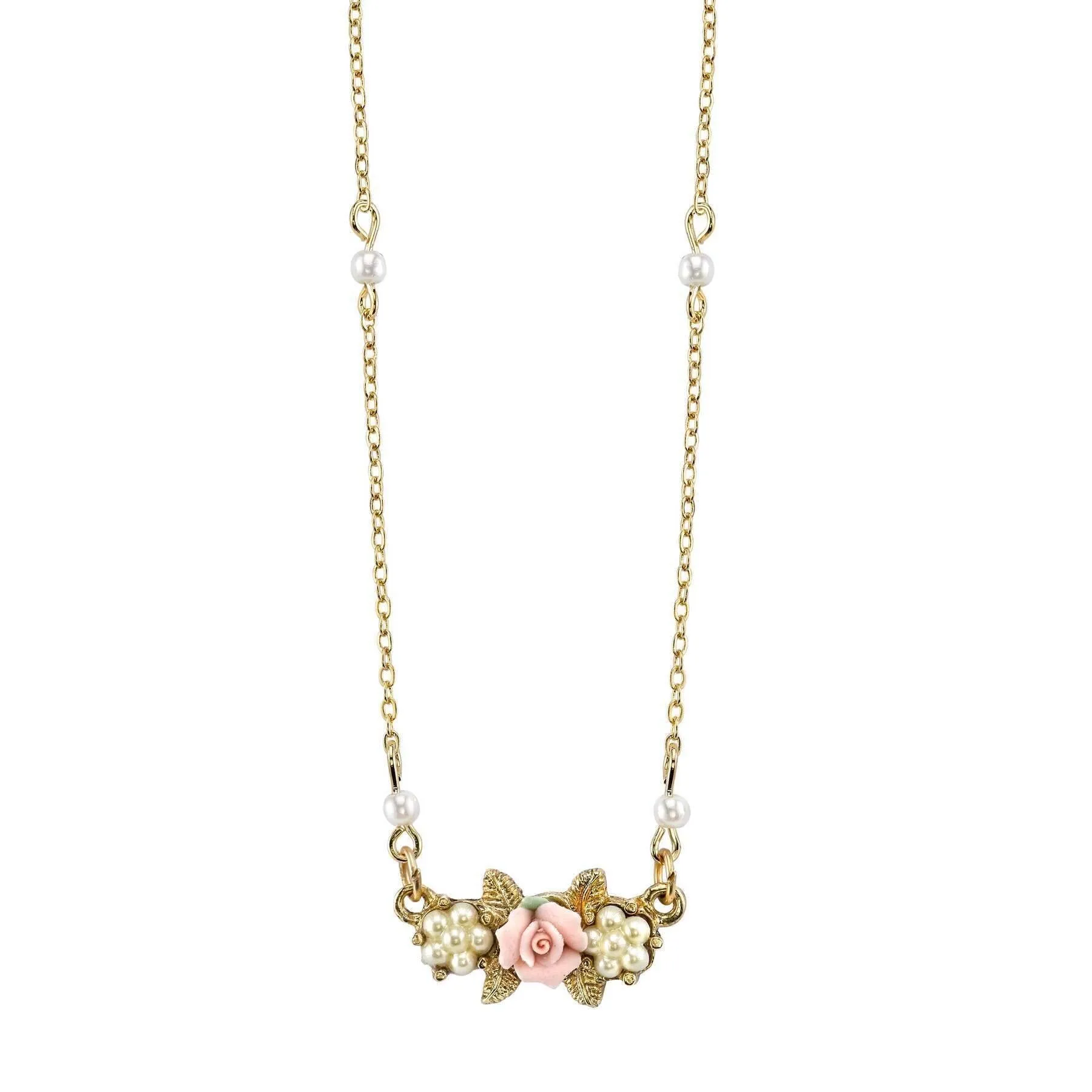 1928 Jewelry Faux Pearl Pink Porcelain Rose Pendant Necklace 16"   3" Extender 1928 Jewelry