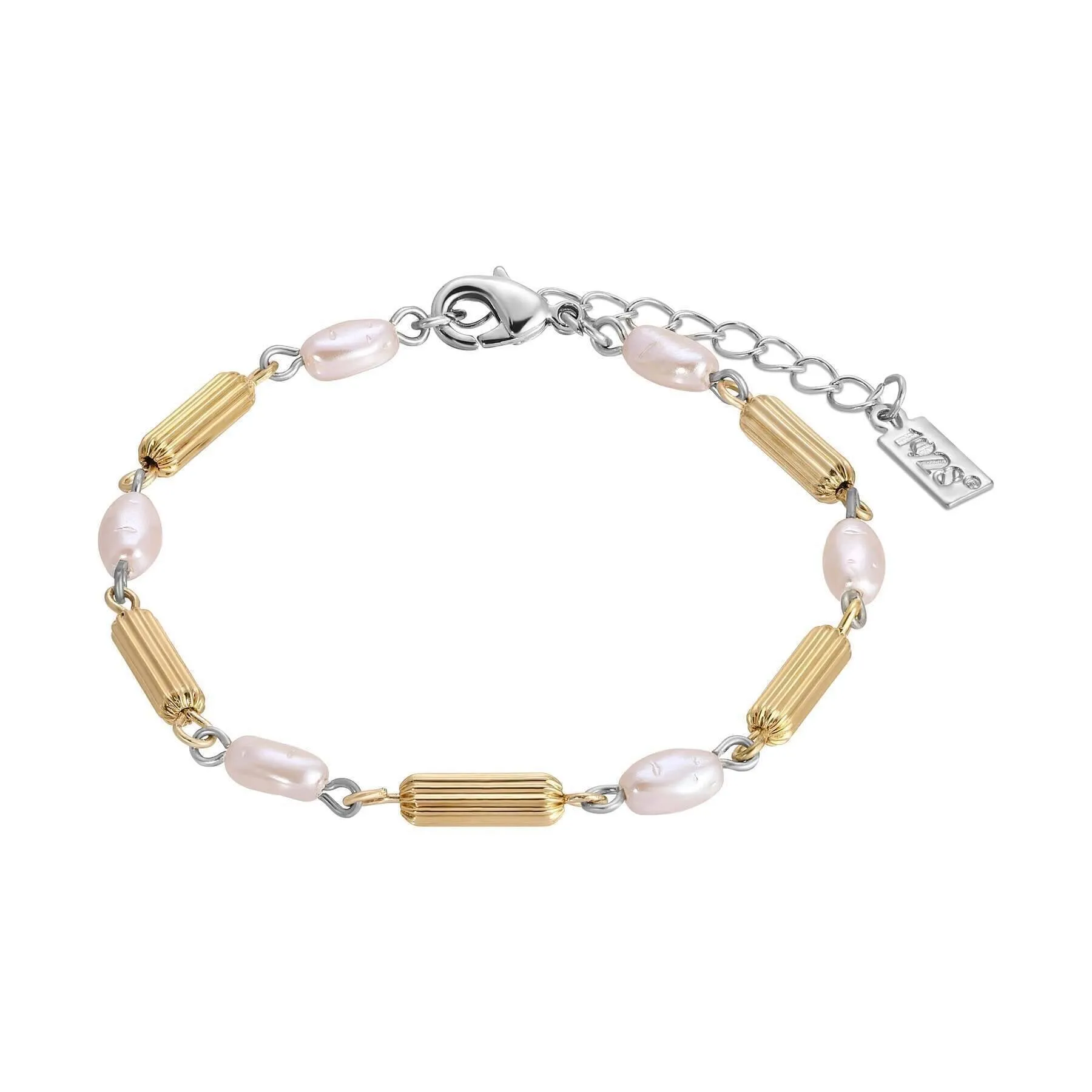 1928 Jewelry Faux Pearl Rice Bead & Cylindrical Gold Tone Bead Link Bracelet 7"   1.5" Extension 1928 Jewelry