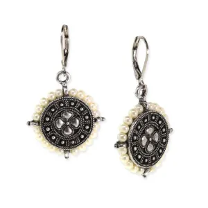 1928 Jewelry Faux Pearl Round Ornate Button Drop Earrings 1928 Jewelry