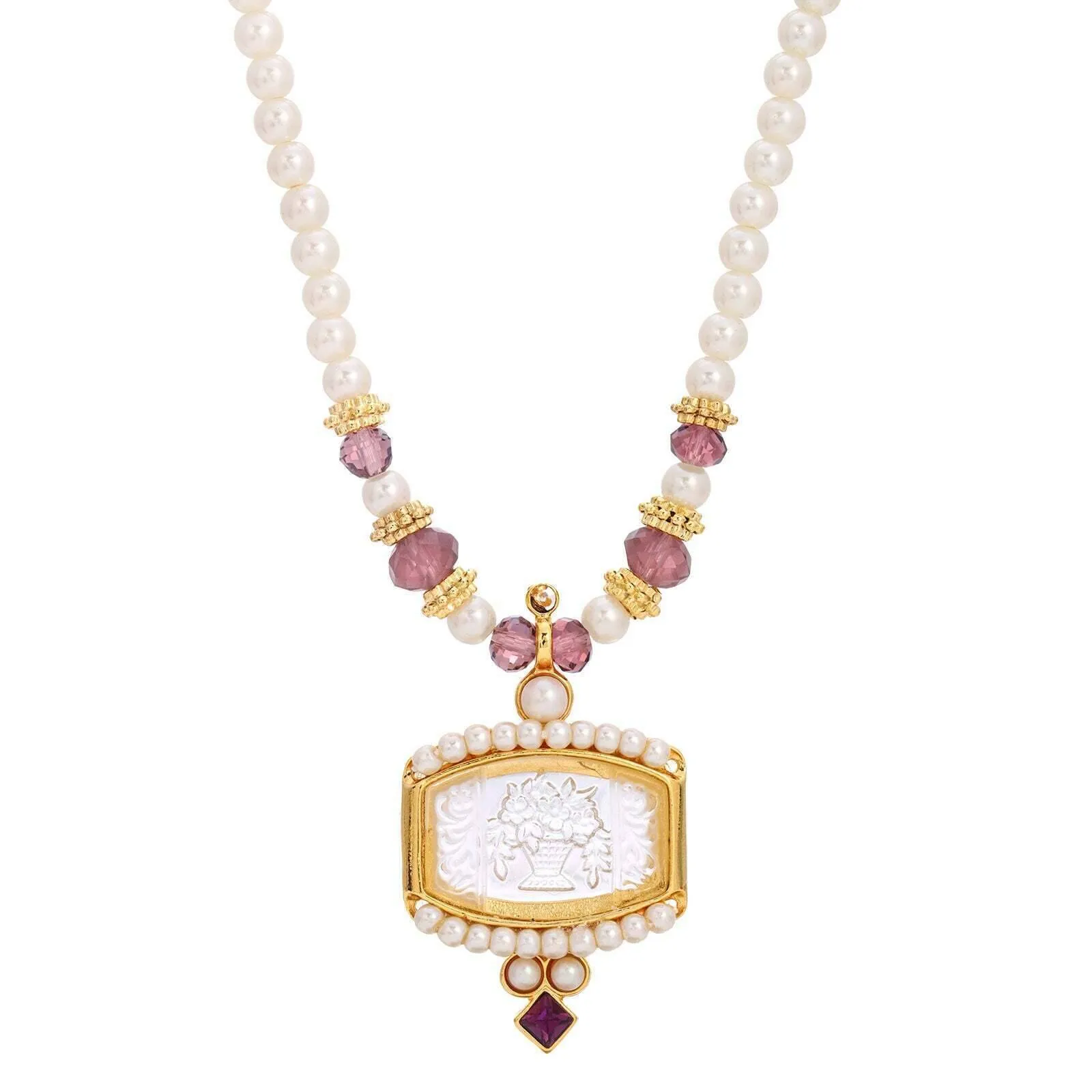 1928 Jewelry Faux Pearl Strand Etched Flower Bouquet Glass Intaglio Purple Crystal Pendant Necklace 15"   3" Extender 1928 Jewelry