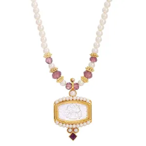 1928 Jewelry Faux Pearl Strand Etched Flower Bouquet Glass Intaglio Purple Crystal Pendant Necklace 15"   3" Extender 1928 Jewelry
