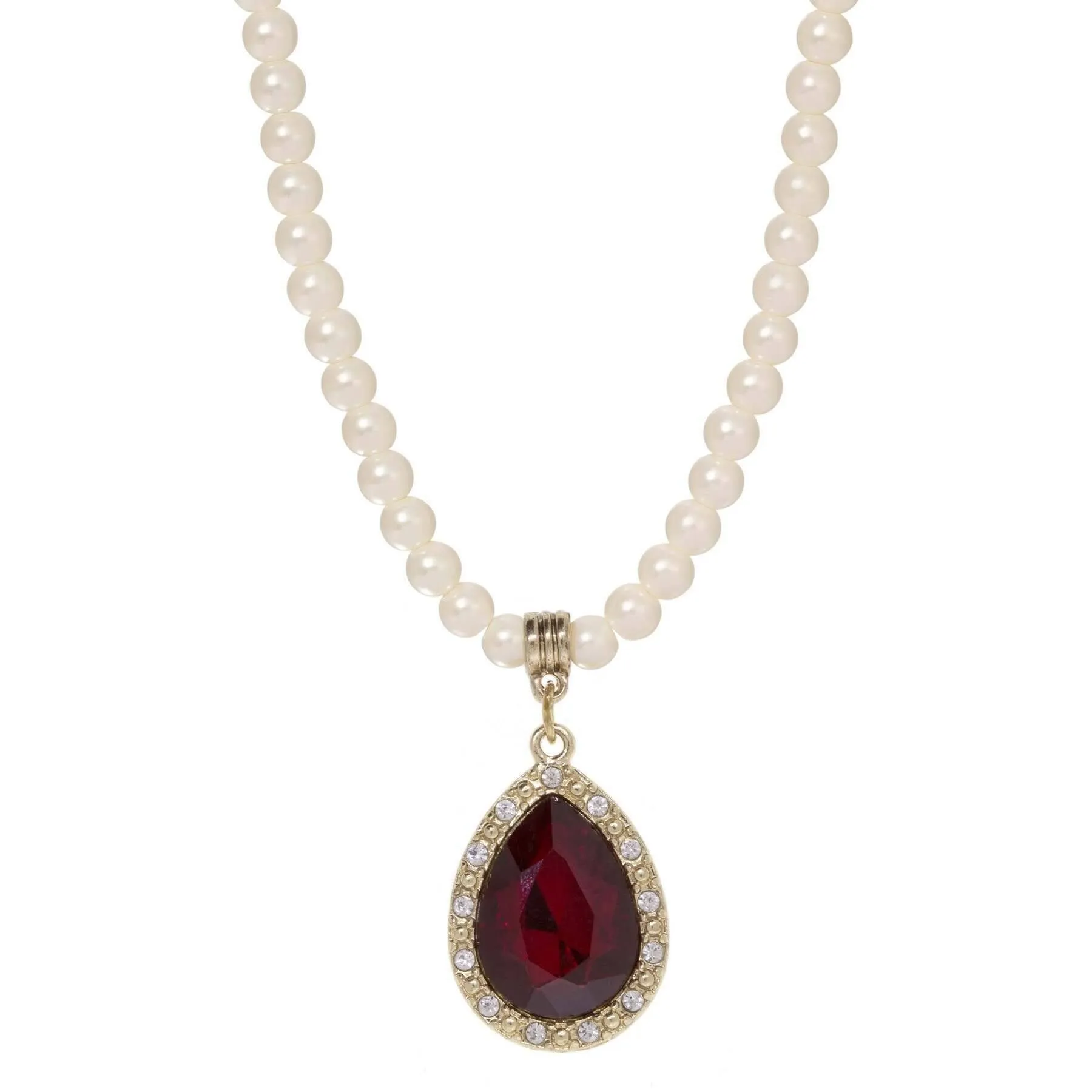 1928 Jewelry Faux Pearl Strand Red Glass Teardrop Crystal Pendant Necklace 15"   3" Extender 1928 Jewelry