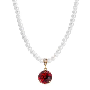 1928 Jewelry Faux Pearl Strand Siam Red Euro Crystal Pendant Necklace 15"   3" 1928 Jewelry