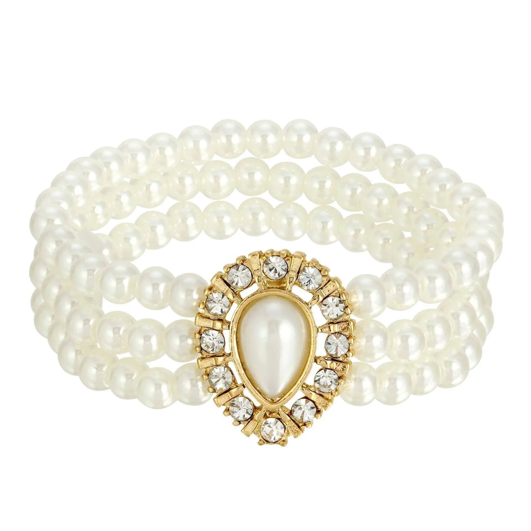 1928 Jewelry Faux Pearl With Crystal 3-Row Stretch Bracelet 1928 Jewelry