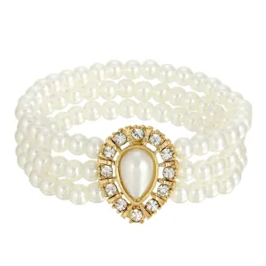 1928 Jewelry Faux Pearl With Crystal 3-Row Stretch Bracelet 1928 Jewelry