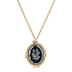 1928 Jewelry Feline Flora Fusion Black German Glass Stone Pendant Necklace 30" 1928 Jewelry