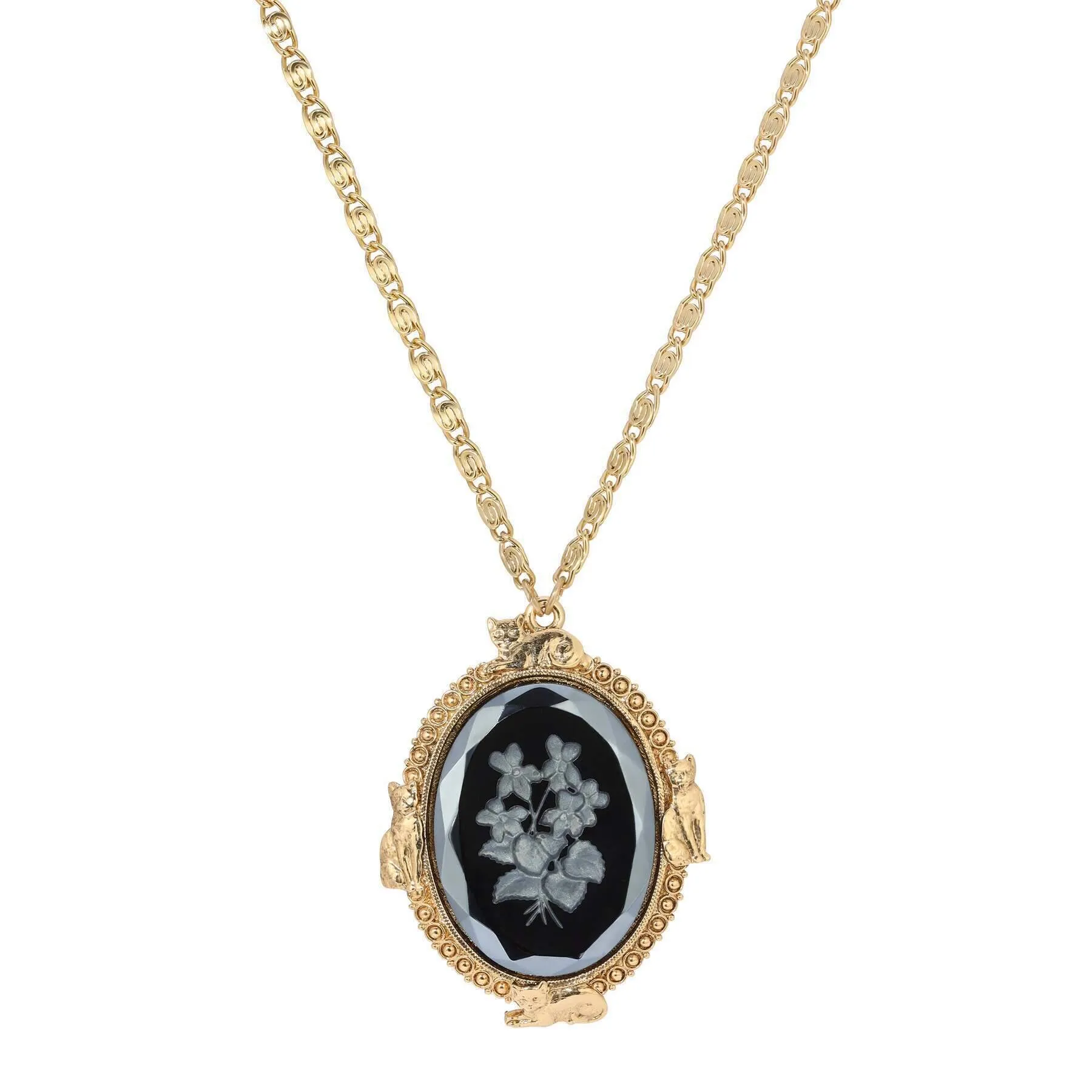 1928 Jewelry Feline Flora Fusion Black German Glass Stone Pendant Necklace 30" 1928 Jewelry