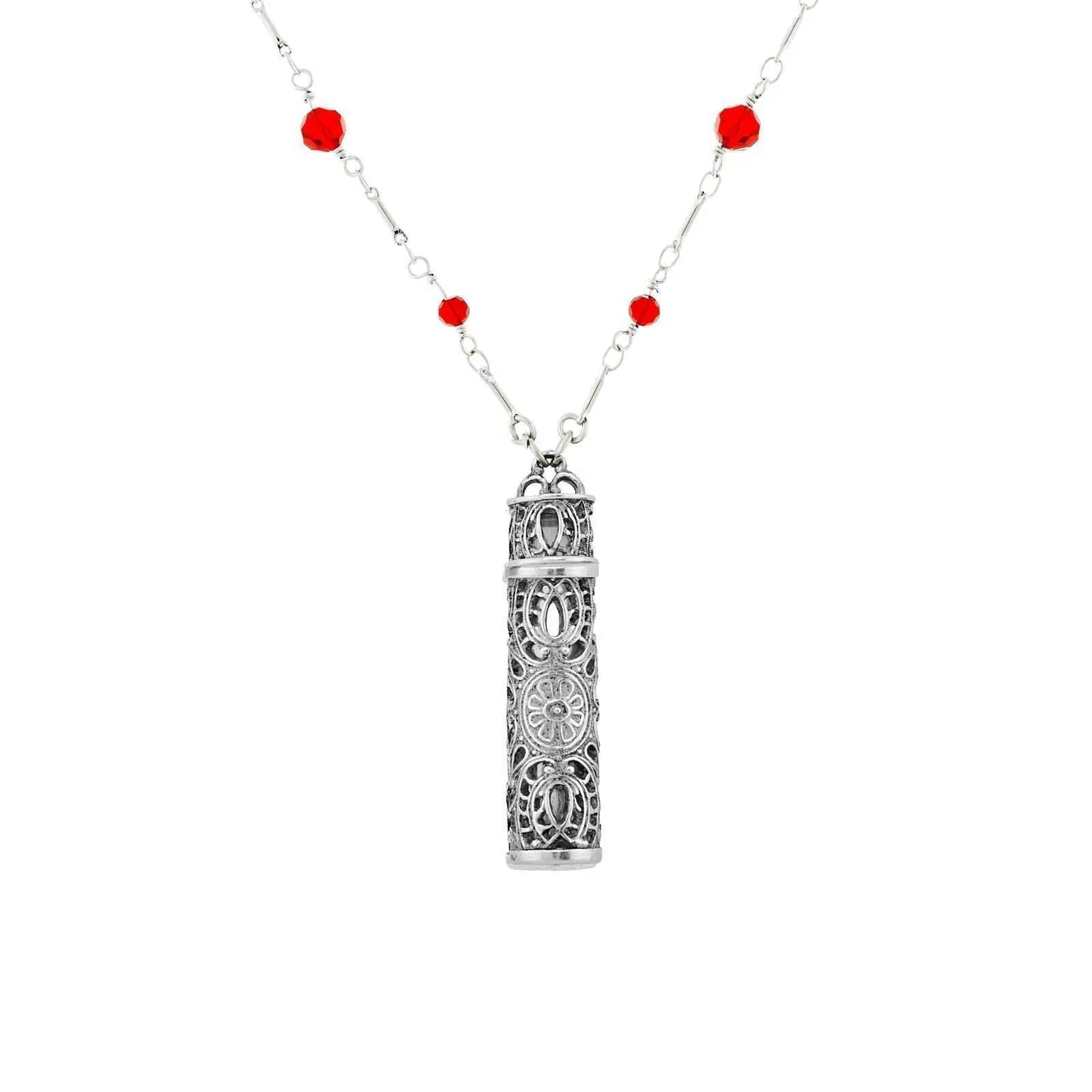 1928 Jewelry Filigrana Glass Vial Red Beaded Necklace 28" 1928 Jewelry