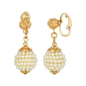 1928 Jewelry Filigree Ball & Embossed Faux Pearl Bead Drop Clip On Earrings 1928 Jewelry