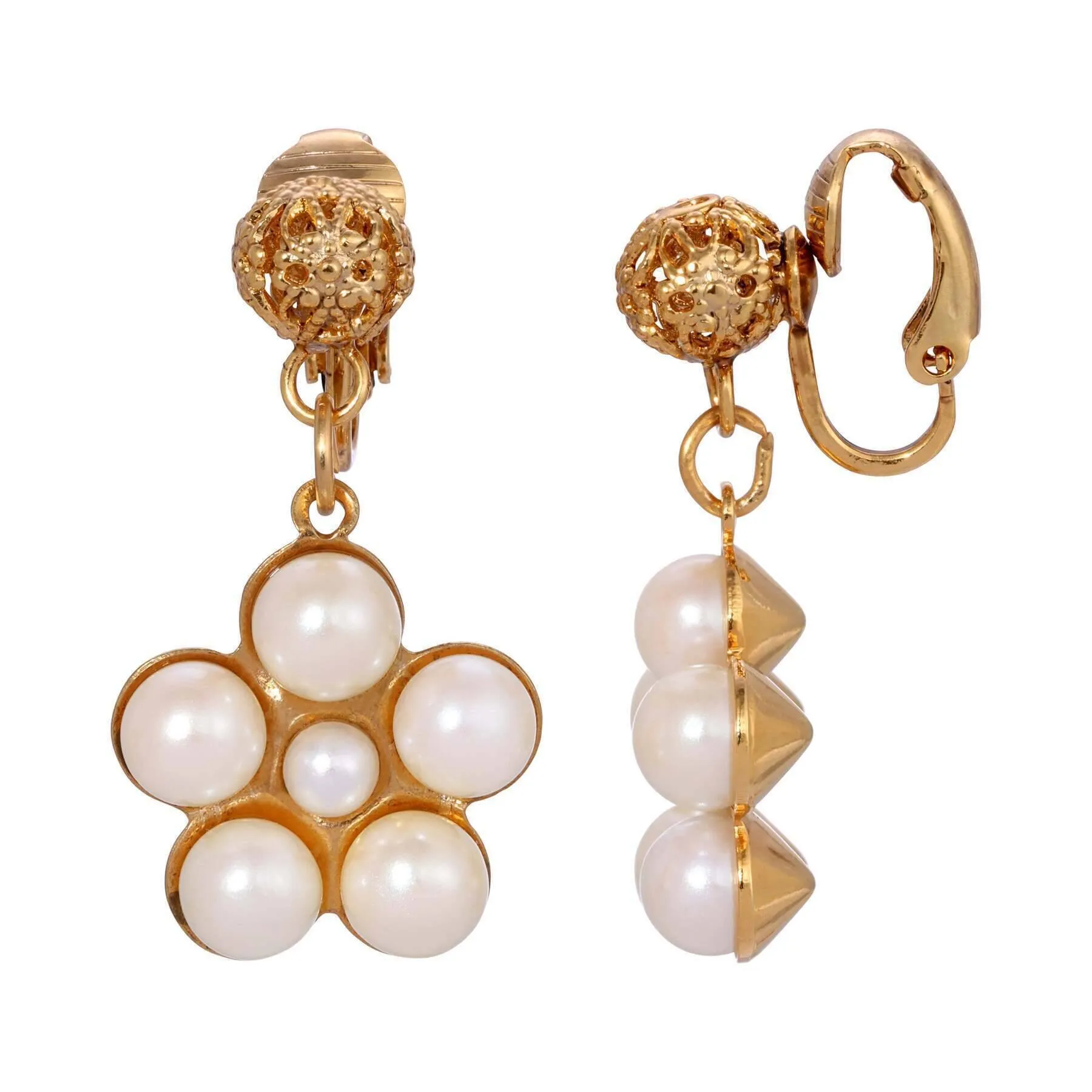 1928 Jewelry Filigree Ball Faux Pearl Flower Clip On Earrings 1928 Jewelry