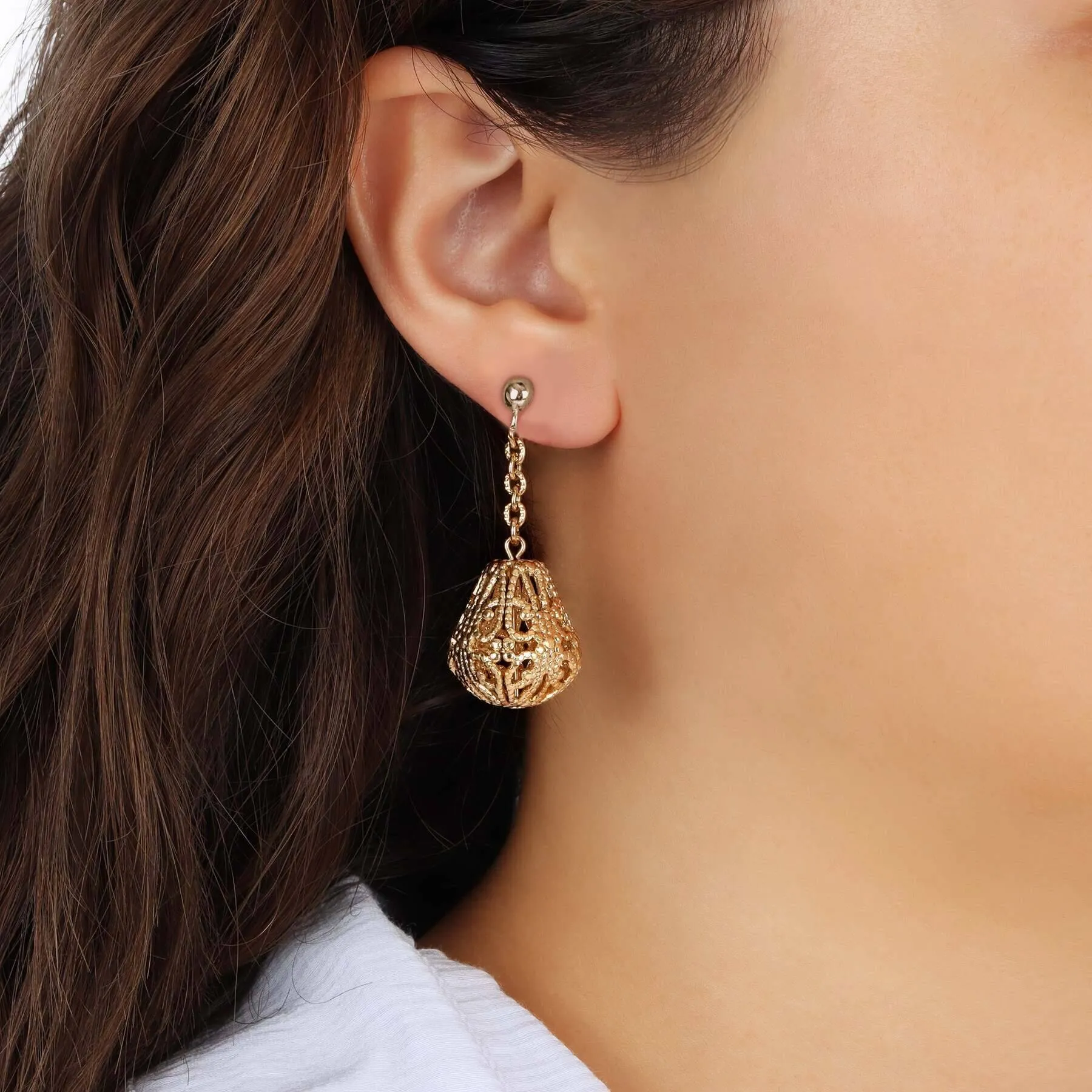 1928 Jewelry Filigree Bell Shaped Link Chain Clip Earrings 1928 Jewelry