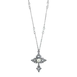 1928 Jewelry Filigree Cross With Faux Pearl Crystal Accent Pendant Necklace 16"   3" Extender 1928 Jewelry
